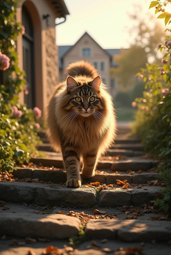 Realistic, theme is "Cat on stone steps", stone steps of a European wine farm, a stylish cat walking slowly on the stone steps, a Norwegian Forest Cat, on the stone steps lit by the morning sun, the sky is brightening white, a refreshing morning scene, sophisticated design, advanced lighting technology, real photo 8K quality