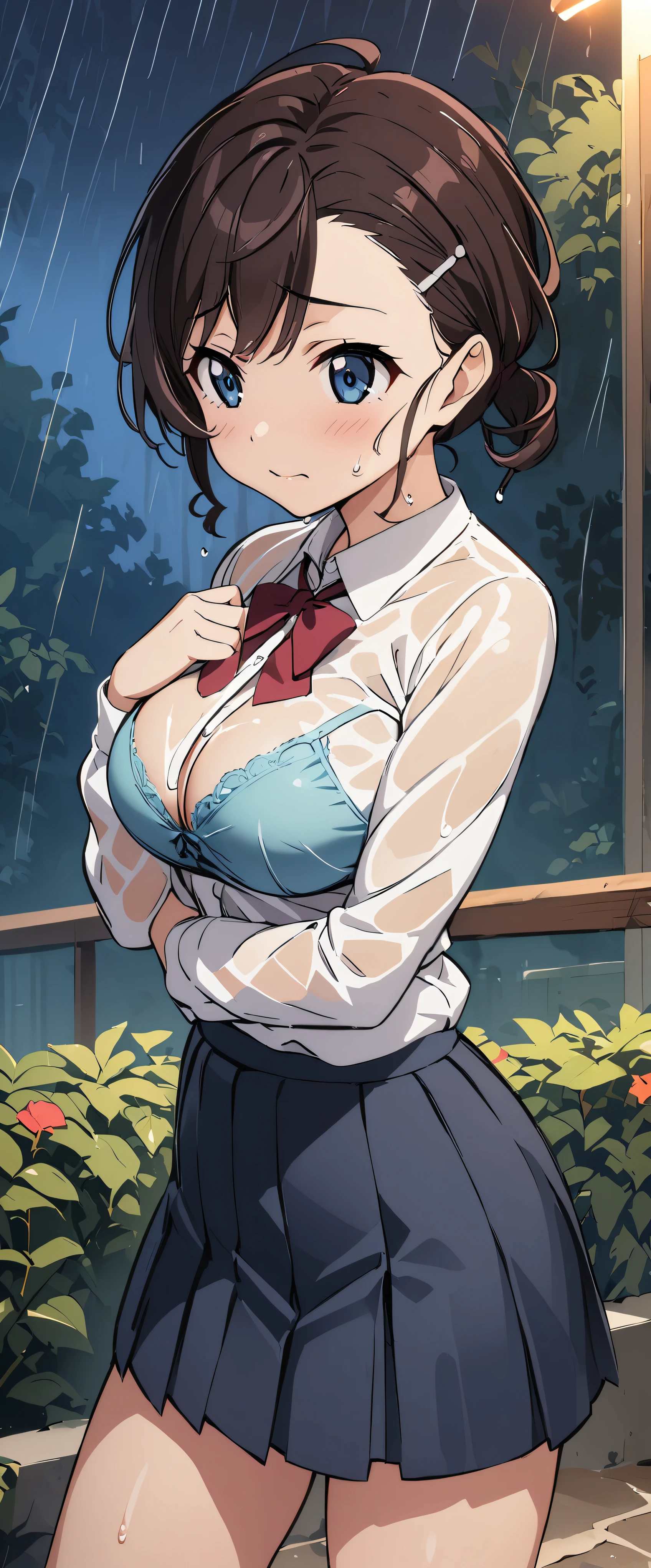 (((masterpiece)))、((Best Quality))、(Ultra-detailed)、(CG illustration)、( Very Beautiful Girl))、 cinematic light 、((1 Girl))、 、(Beautiful and luxurious:1.2)、( one girl:1.3),garden,,((Student Uniform)),,,Fits perfectly against the skin,skinny,Big Breasts, cute pose ,Wet with sweat,rain,Her clothes are see-through and her bra is visible
