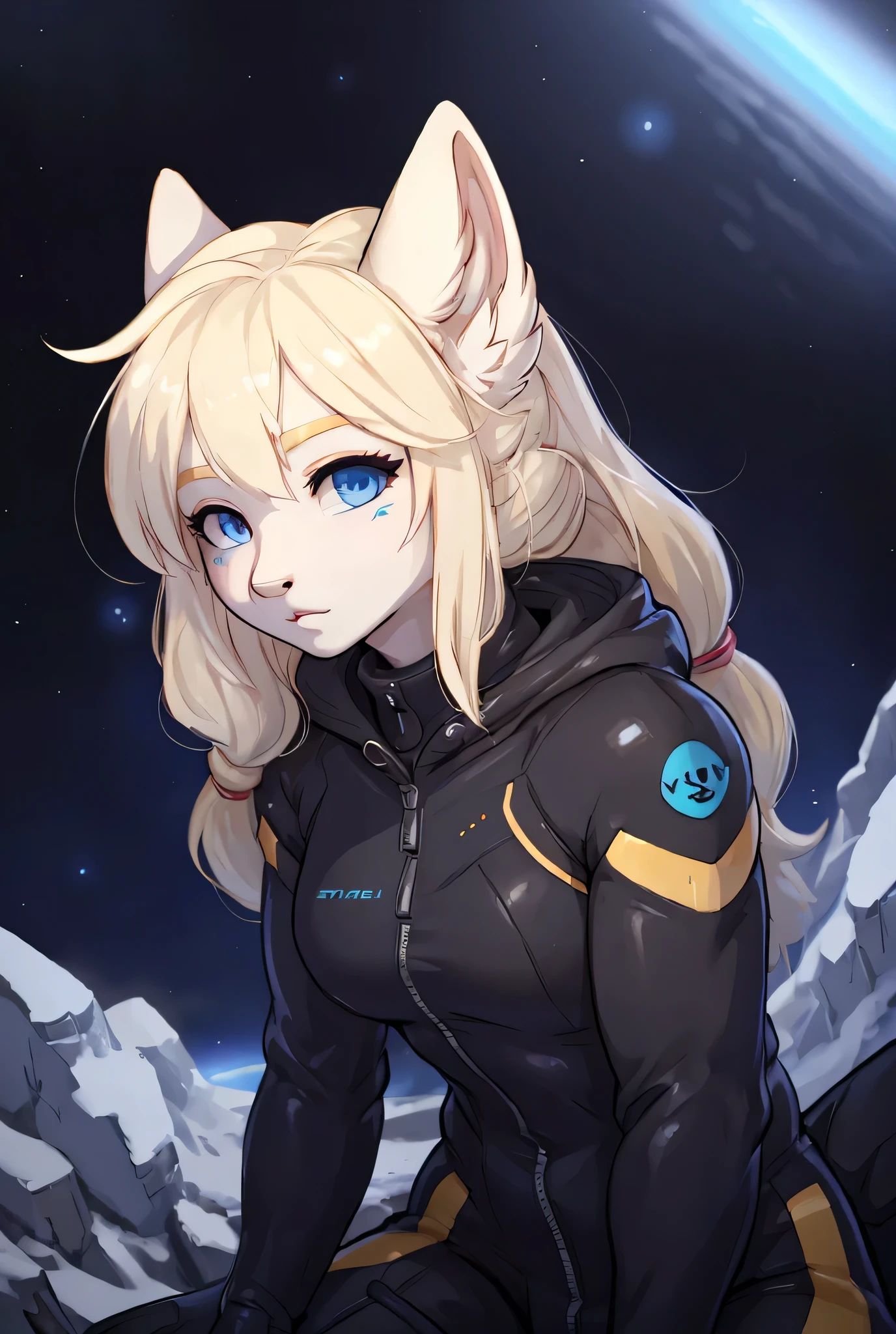 Woman with ,golden white hair,Blue eyes,,,black spacesuit