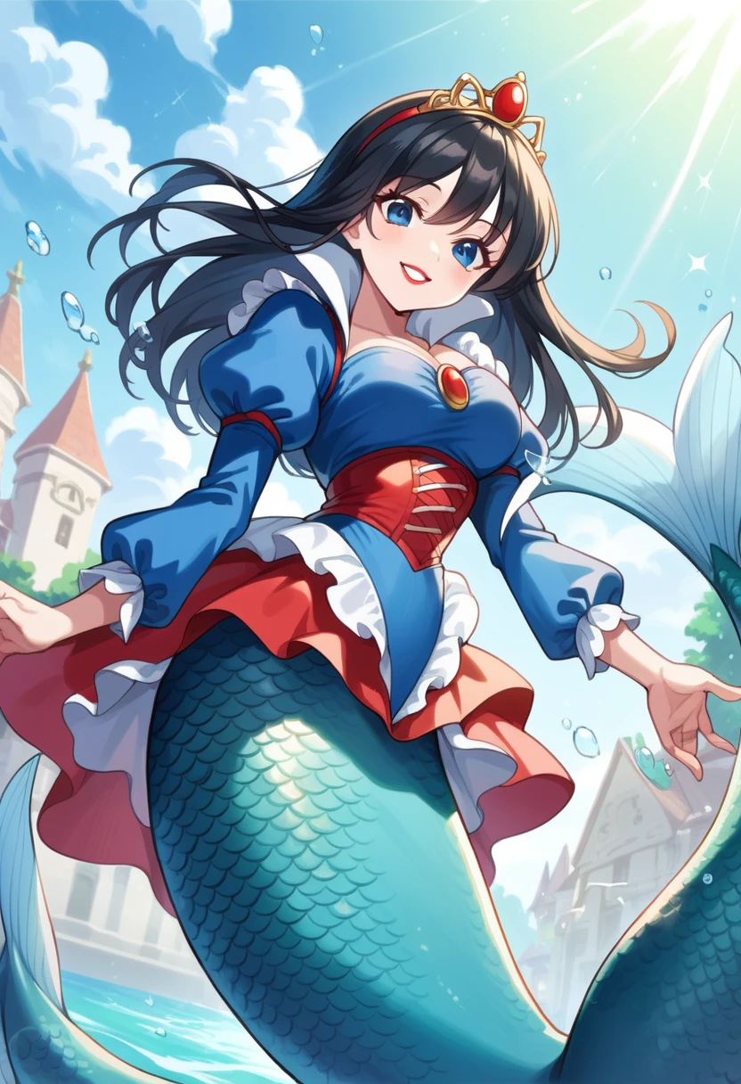 anime style, high view, Snow White, mature female, blue eyes, big chest, dark blue long Sleeve, hair ornament, belly, long hair, black hair, tiara, short hair, smile, red lipstick, hand back body, mermaid city under ocean,  Volumetric light, Volumetric particles, looking at viewer, blue mermaid, blue mermaid tail below waistline, 