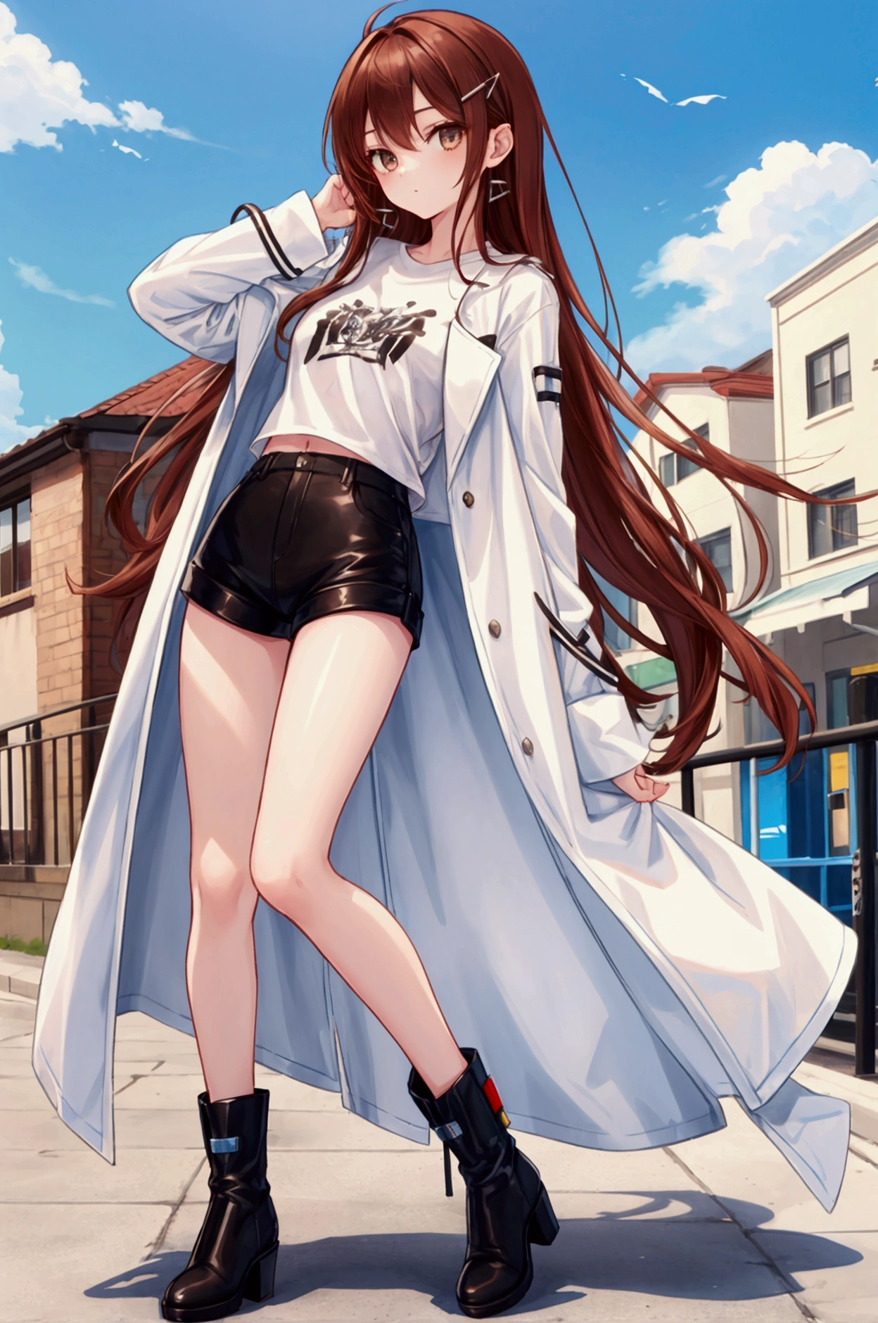 whole body,Cool beautiful girl, Slim Body 、 SOFT WHITE COAT,Sky Blue T-Shirt、 black hotpants,Leather boots、Cool Summer,Slightly pale skin,Bright brown eyes,Red brown hair color(Semi-D), hairpin
