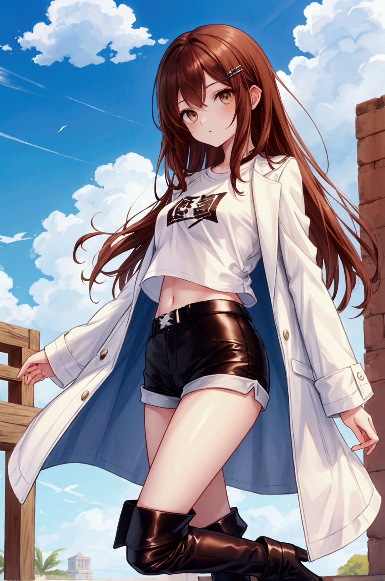 whole body,Cool beautiful girl, Slim Body 、 SOFT WHITE COAT,Sky Blue T-Shirt、 black hotpants,Leather boots、Cool Summer,Slightly pale skin,Bright brown eyes,Red brown hair color(Semi-D), hairpin
