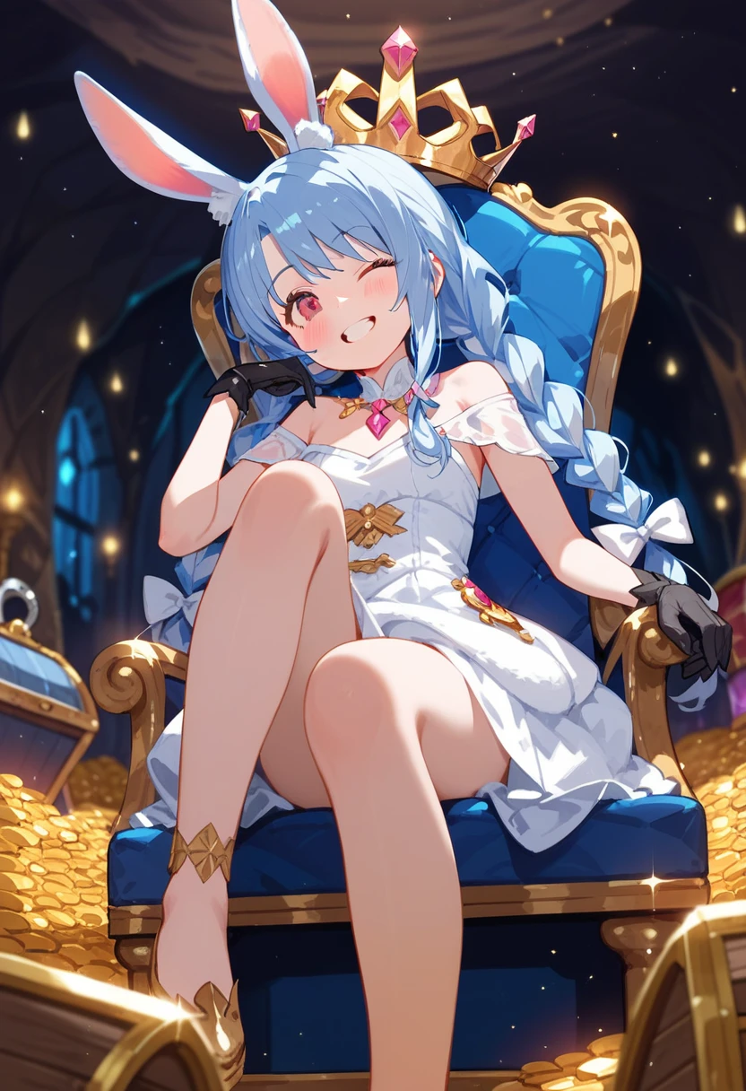 ((sitting on kings chair,panty shot,)), 1girl, usada pekora, rabbit ear, blue hair, twin braids,black gloves,braid,white hair, blush,Princess dress, short dress, grin, open mouth, closed one eye, blush,, night,, dynamic lights,Background, A lot of gems, Treasure, Treasure Chest, gold coin, gold Treasured sword, Luxurious crown, Shining Treasure in Dark Cave, 