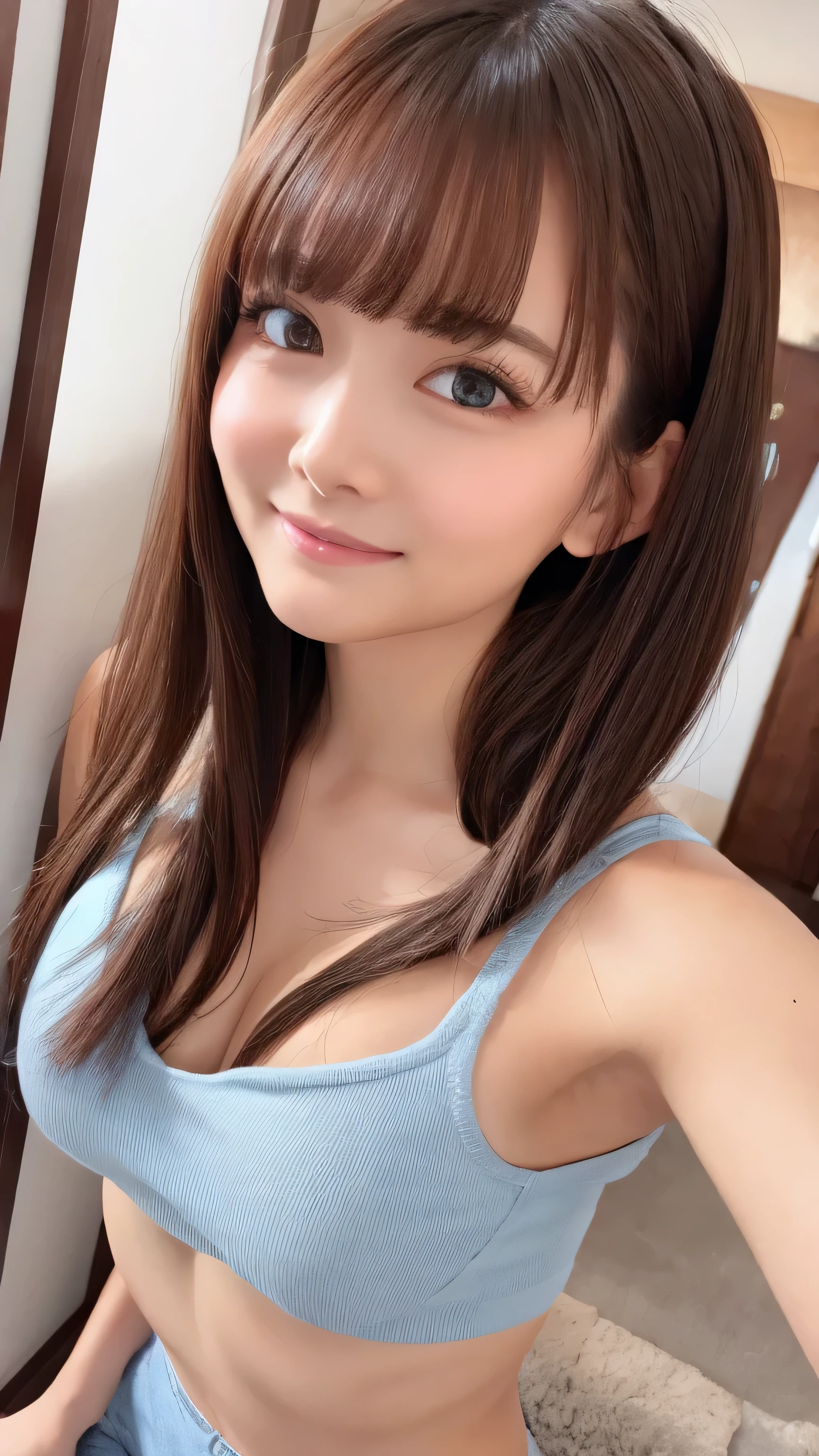 ( elaborate details )、((top-quality、8k、​masterpiece:1.3))、 1 girl 、 beautiful woman with flat abs and big breasts:1.3、 full body esbian 、(Long-haired、Colossal :1.2)、 tank top :1.2、super delicate face、Delicat eyes、double eyelid、smile、Home、Random color clothes