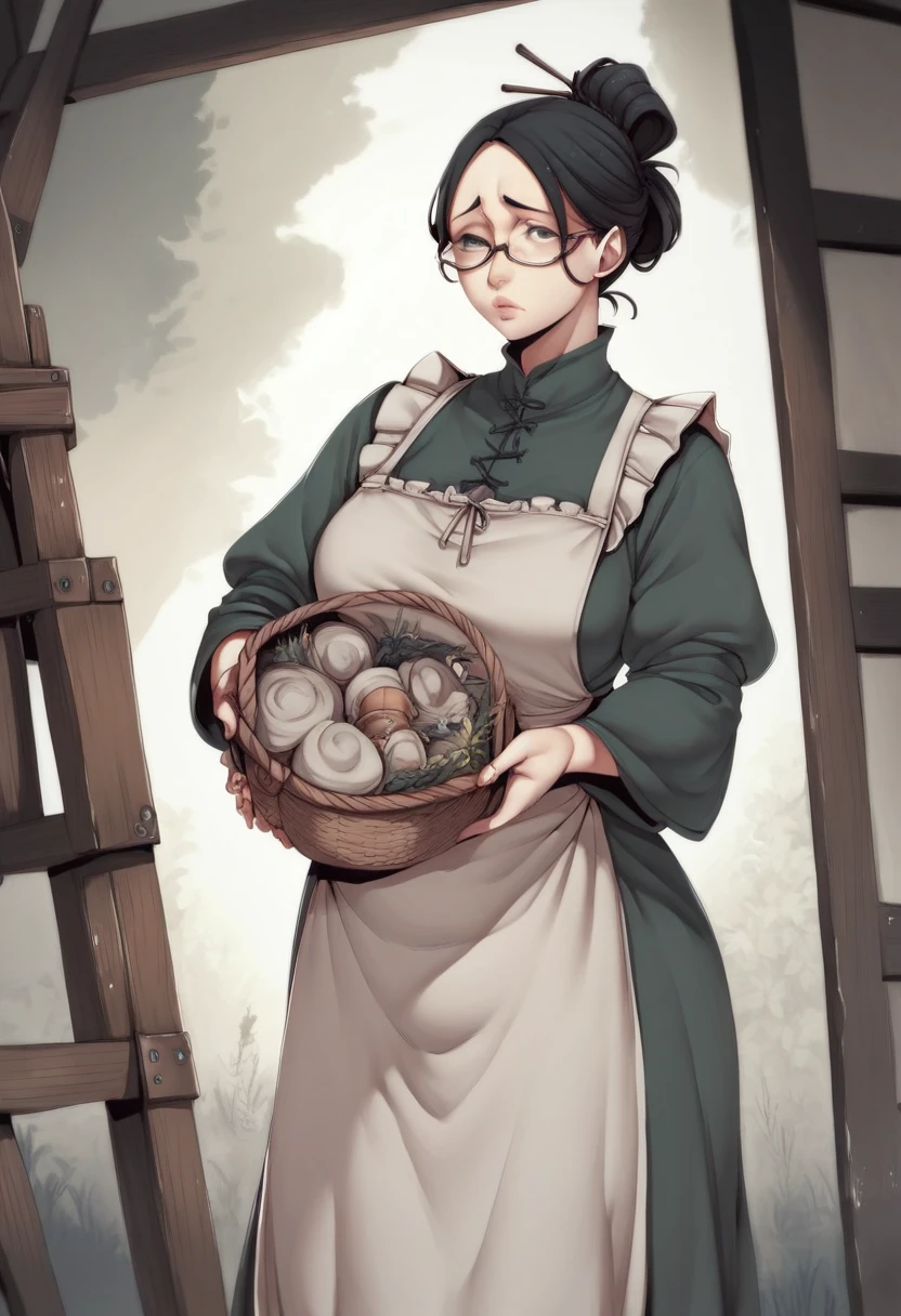 Nakamura regura face Style,Woman, black hair, glasses, hair tied up, White apron,Painting style art, medieval clothing,Big_, chubby figure, Holding a basket with both hands ,Black eyes, Full lips