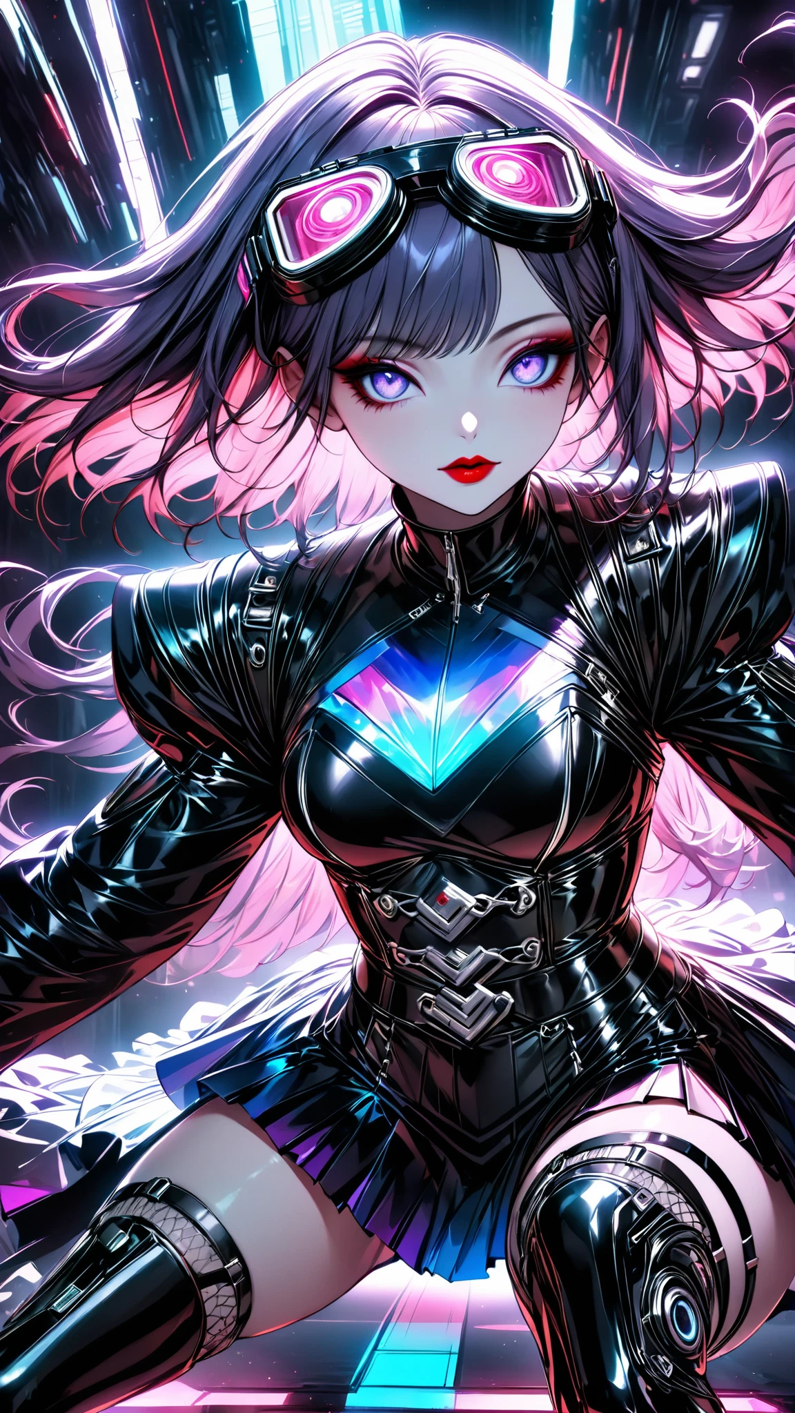 One young and beautiful woman,(Best Quality, very detailed depiction, Incredibly Absurd Hi-Res,High quality anime drawings:1.2),(Japanese actress wearing a cyber-inspired villain costume ),( Action Poses Like a Sci-fi Hero Show ),( The design combines futuristic and devilish elements with classic maid features, villain style makeup with dark lipstick and eyeshadow , Cropped Jacket with Metal Shines and Epaulettes , Black Leathery High Neck Top ,Holographic pleated skirt with LED lights on the hem, Cyber Goggles or Glowing Hair Accessory , Metal Garter Belt or Chain belt , thick bottom platform shoes with glowing elements and mechanical details , red and neon blue accents based on metal silver and black , Strong cyberpunk feeling incorporating electronic lights and LEDs throughout the costume , Mechanical Mask Covering Her Mouth , Mechanical Horns Over Her Head , Mechanical Wings to Highlight a Cyberpunk Look ),(Purple Eyes, half-closed eye),Full body image:1.2, standing:1.2