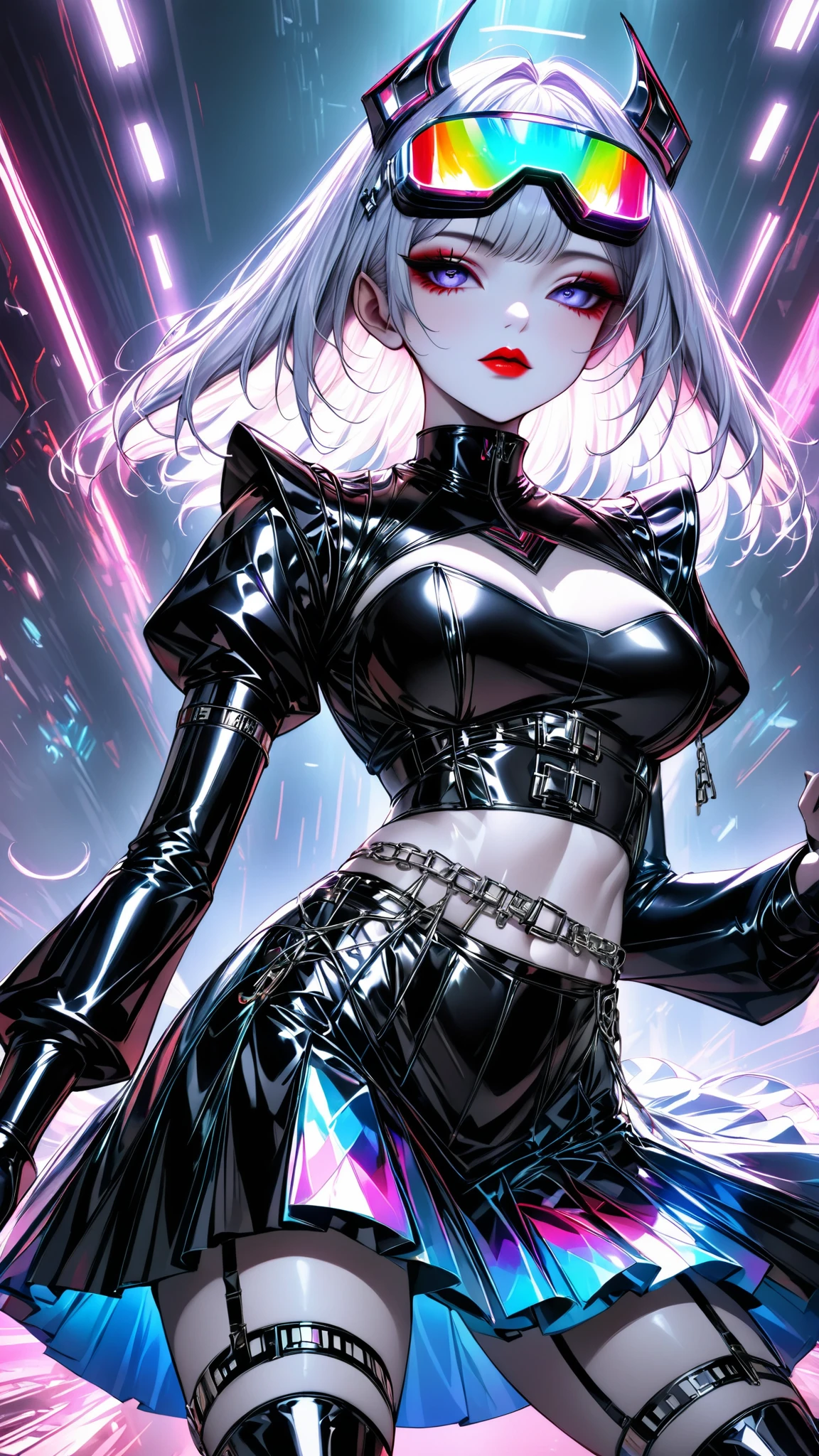 One young and beautiful woman,(Best Quality, very detailed depiction, Incredibly Absurd Hi-Res,High quality anime drawings:1.2),(Japanese actress wearing a cyber-inspired villain costume ),( Action Poses Like a Sci-fi Hero Show ),( The design combines futuristic and devilish elements with classic maid features, villain style makeup with dark lipstick and eyeshadow , Cropped Jacket with Metal Shines and Epaulettes , Black Leathery High Neck Top ,Holographic pleated skirt with LED lights on the hem, Cyber Goggles or Glowing Hair Accessory , Metal Garter Belt or Chain belt , thick bottom platform shoes with glowing elements and mechanical details , red and neon blue accents based on metal silver and black , Strong cyberpunk feeling incorporating electronic lights and LEDs throughout the costume , Mechanical Mask Covering Her Mouth , Mechanical Horns Over Her Head , Mechanical Wings to Highlight a Cyberpunk Look ),(Purple Eyes, half-closed eye),Full body image:1.2, standing:1.2