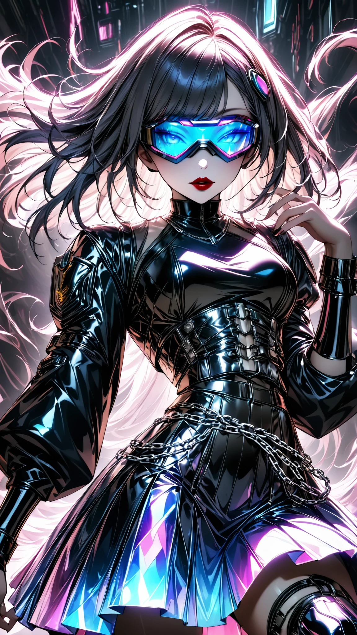 One young and beautiful woman,(Best Quality, very detailed depiction, Incredibly Absurd Hi-Res,High quality anime drawings:1.2),(Japanese actress wearing a cyber-inspired villain costume ),( Action Poses Like a Sci-fi Hero Show ),( The design combines futuristic and devilish elements with classic maid features, villain style makeup with dark lipstick and eyeshadow , Cropped Jacket with Metal Shines and Epaulettes , Black Leathery High Neck Top ,Holographic pleated skirt with LED lights on the hem, Cyber Goggles or Glowing Hair Accessory , Metal Garter Belt or Chain belt , thick bottom platform shoes with glowing elements and mechanical details , red and neon blue accents based on metal silver and black , Strong cyberpunk feeling incorporating electronic lights and LEDs throughout the costume , Mechanical Mask Covering Her Mouth , Mechanical Horns Over Her Head , Mechanical Wings to Highlight a Cyberpunk Look ),(Purple Eyes, half-closed eye),Full body image:1.2, standing:1.2