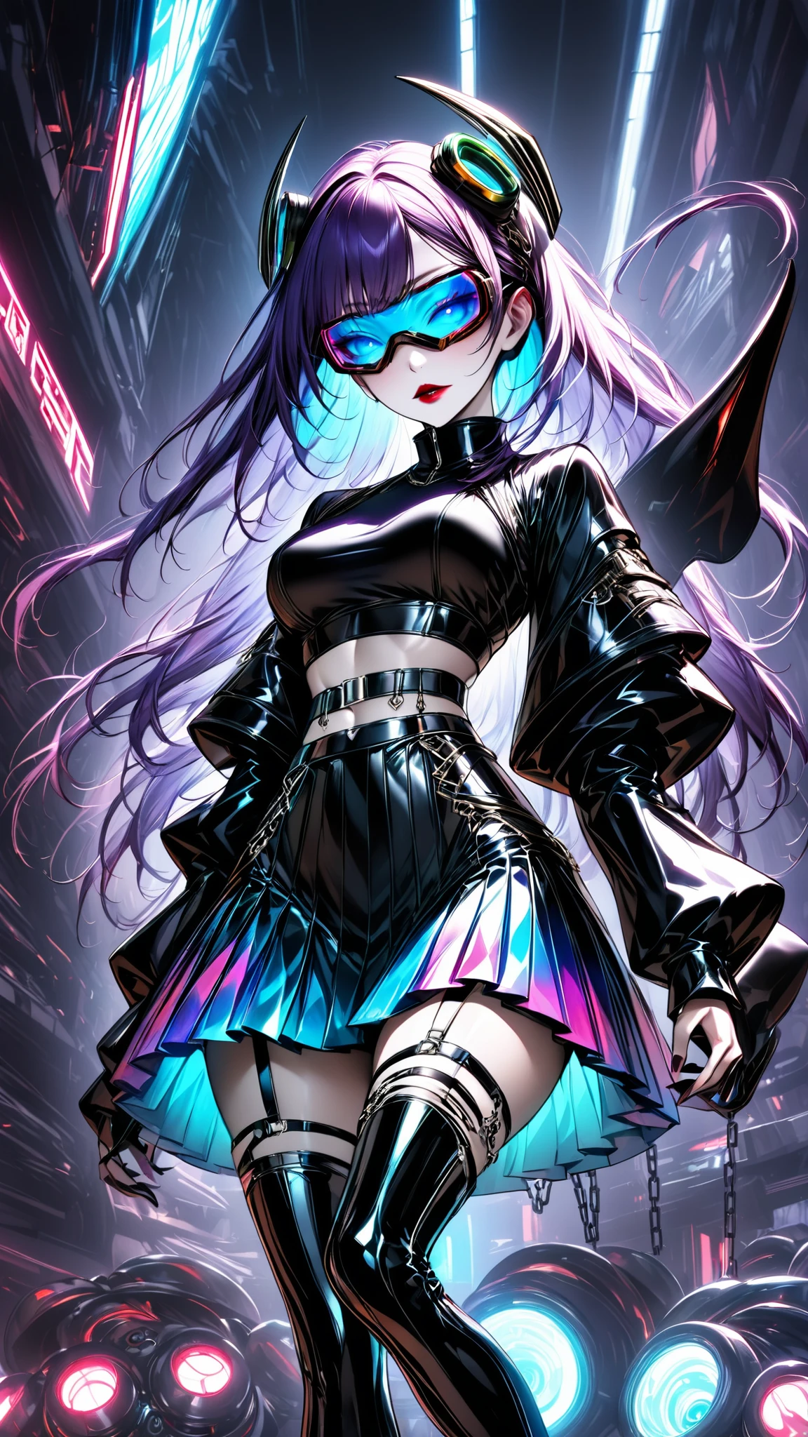 One young and beautiful woman,(Best Quality, very detailed depiction, Incredibly Absurd Hi-Res,High quality anime drawings:1.2),(Japanese actress wearing a cyber-inspired villain costume ),( Action Poses Like a Sci-fi Hero Show ),( The design combines futuristic and devilish elements with classic maid features, villain style makeup with dark lipstick and eyeshadow , Cropped Jacket with Metal Shines and Epaulettes , Black Leathery High Neck Top ,Holographic pleated skirt with LED lights on the hem, Cyber Goggles or Glowing Hair Accessory , Metal Garter Belt or Chain belt , thick bottom platform shoes with glowing elements and mechanical details , red and neon blue accents based on metal silver and black , Strong cyberpunk feeling incorporating electronic lights and LEDs throughout the costume , Mechanical Mask Covering Her Mouth , Mechanical Horns Over Her Head , Mechanical Wings to Highlight a Cyberpunk Look ),(Purple Eyes, half-closed eye),Full body image:1.2, standing:1.2