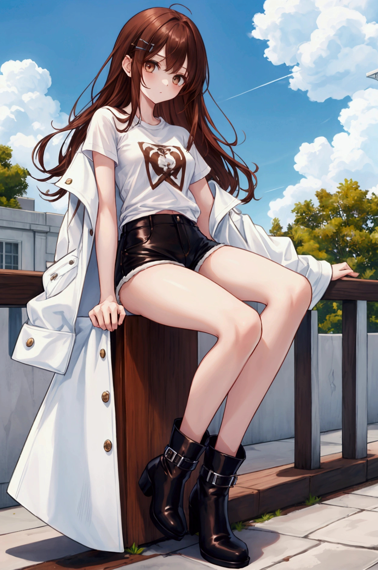 whole body,Cool beautiful girl, Slim Body 、 SOFT WHITE COAT,Sky Blue T-Shirt、 black hotpants,Leather boots、Cool Summer,Slightly pale skin,Bright brown eyes,Red brown hair color(Semi-D), hairpin
