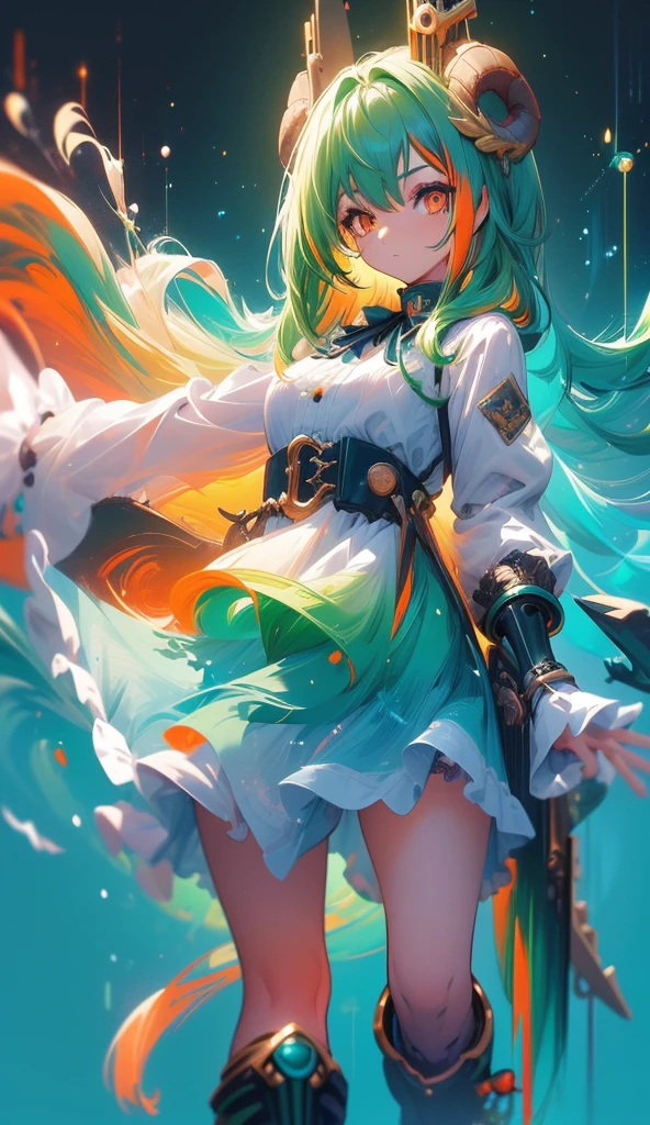 ((live 2D))  masterpiece, 1girl, full body, stands straight, steampunk clothes, military clothing, looking at viewer, detailed face, girl with green wavy hair, bangs, metal sheep horns, gradient hair, multicolored hair, light green hair, turquoise hair tips, wavy hair, gradient eyes, orange eyes, (simple background, white background: 1.3)