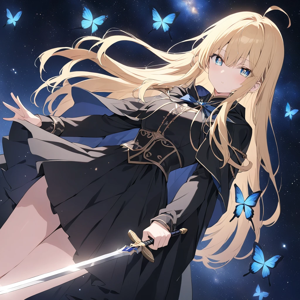  anime style,Woman holding a sword, a woman holds a sword in front of her body .,Blonde,Long Hair,  wearing a black cloak , blue eyes,Sparkling Eyes,Sparkling Eyesのハイライト ドレスの衣装,Wear a black cloak , a blue butterfly flutters its wings , noble atmosphere, a dazzling sword illuminates the world , emphasizes a woman with a proud face ,The background is space,low angle masterpiece,Best Quality,Exquisite,8k, absurd,Ultra-detailed illustrations,( Viewers )