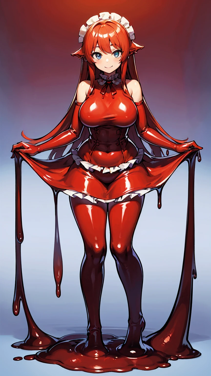 (masterpiece, sidelighting, finely detailed red eyes: 1.2), ((best quality)), ((masterpiece)), (highly detailed:1.3), anime, young girl, childish body, ((liquid clothes, sticky clothes, dripping)), cropped coat with overly long sleeves, (black tight-fitting bodysuit, full-body rubber suit), (cheongsam with cut-offs), black and red gloves, pale skin, (shadowed eyes, darkened eyes), (smirk, mischevious grin), pointy ears, (short-medium hair, brown hair, messy haircut, hair between eyes, hairclips on left side), ((red stripped tights with black patterns)), (ballet shoes), earrings, red tatto on left hand, hands behind back, scar on left hip, solo, 1girl, walking down the street,