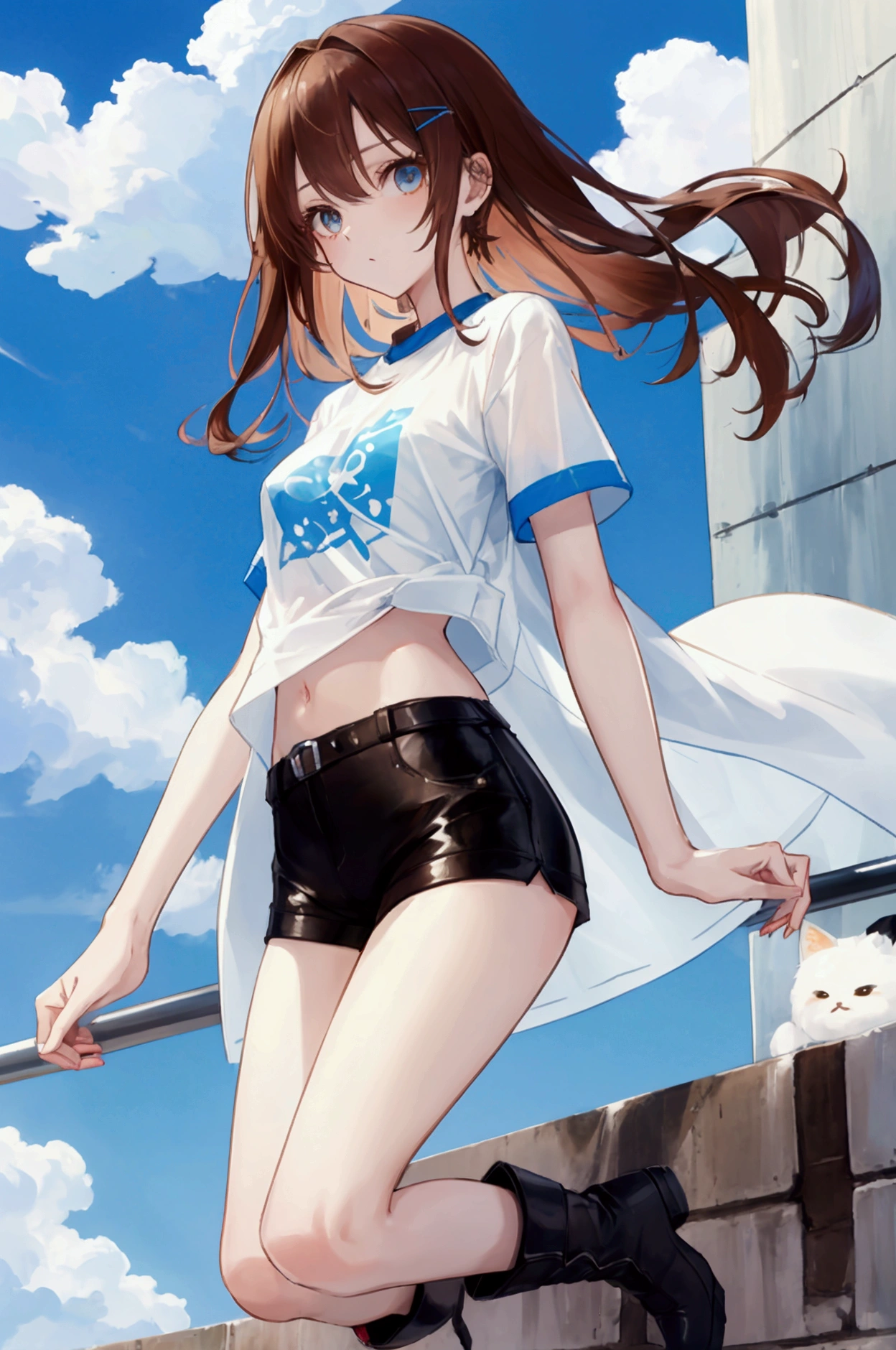 whole body,Cool beautiful girl, Slim Body 、 SOFT WHITE COAT,Sky Blue T-Shirt、 black hotpants,Leather boots、Cool Summer,Slightly pale skin,Bright brown eyes,Red brown hair color(Semi-D), hairpin
