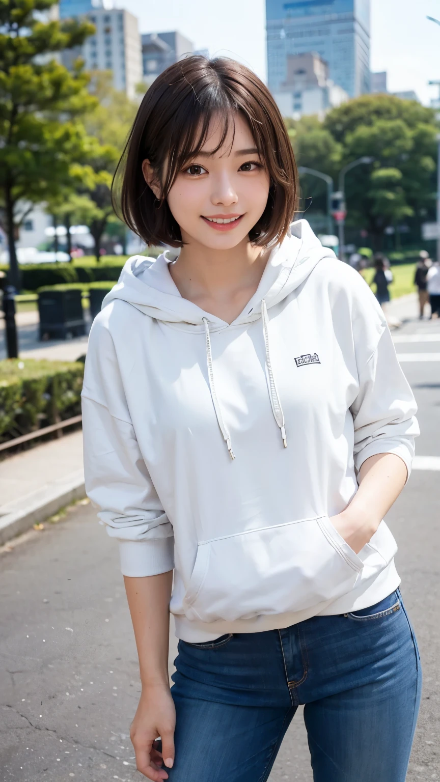 ((White hoodie))、((Sweat))、Roll up your sleeves、Skinny jeans, 1 beautiful girl, fine grain, Swollen eyes, Highest quality, Ultra High resolution, (reality: 1.4), Original photo, One Girl, Cinema Lighting, Japanese, Asian Beauty, Korean, so beautiful, Beautiful Skin, thin, Body facing forward, (Ultra-realistic), (High resolution), (8,000 yen), (Very detailed), (Best illustrations), (Beautiful and detailed), (Very detailed), Detailed face, Show Viewer, Look straight ahead, Dress appropriately, short hair, Black Hair, 46 point diagonal bangs,((smile))、Silver Necklace、Central Park Background