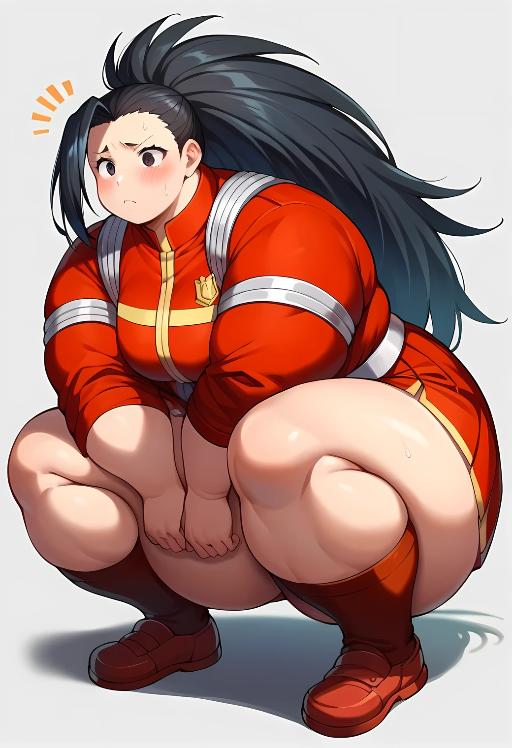 score_9, score_8_up, score_7_up,
BREAK
source_anime,
BREAK
momoyaoyorozu, yaoyorozu momo, black eyes, black hair, long hair, blush, ssbbw , hero uniform, squatting, obese, gigantic arms and legs, open eyes
 