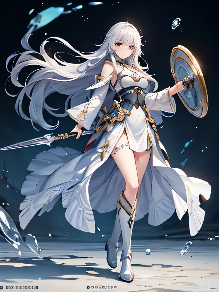 RPG characters, Female protagonist 👀 :8, Clear and Clear RPG Portrait , , RPG Character Art , Character Profile Art, ( ( Character Concept Art ) ), Female protagonist, 1 person、Single、1 personだけ、Lonely, detailed face, Each Part Carefully ,Beautifully shaped ,fine, beautiful eyes,Polite Eyes ,Beautiful contours,Careful Outline ,Clear contours,Full body painting,聖knight,Large Shield, long hair, longsword ,Long Hair,Silver Hair, long boots for stepping on bread,water droplets,knight,Warrior