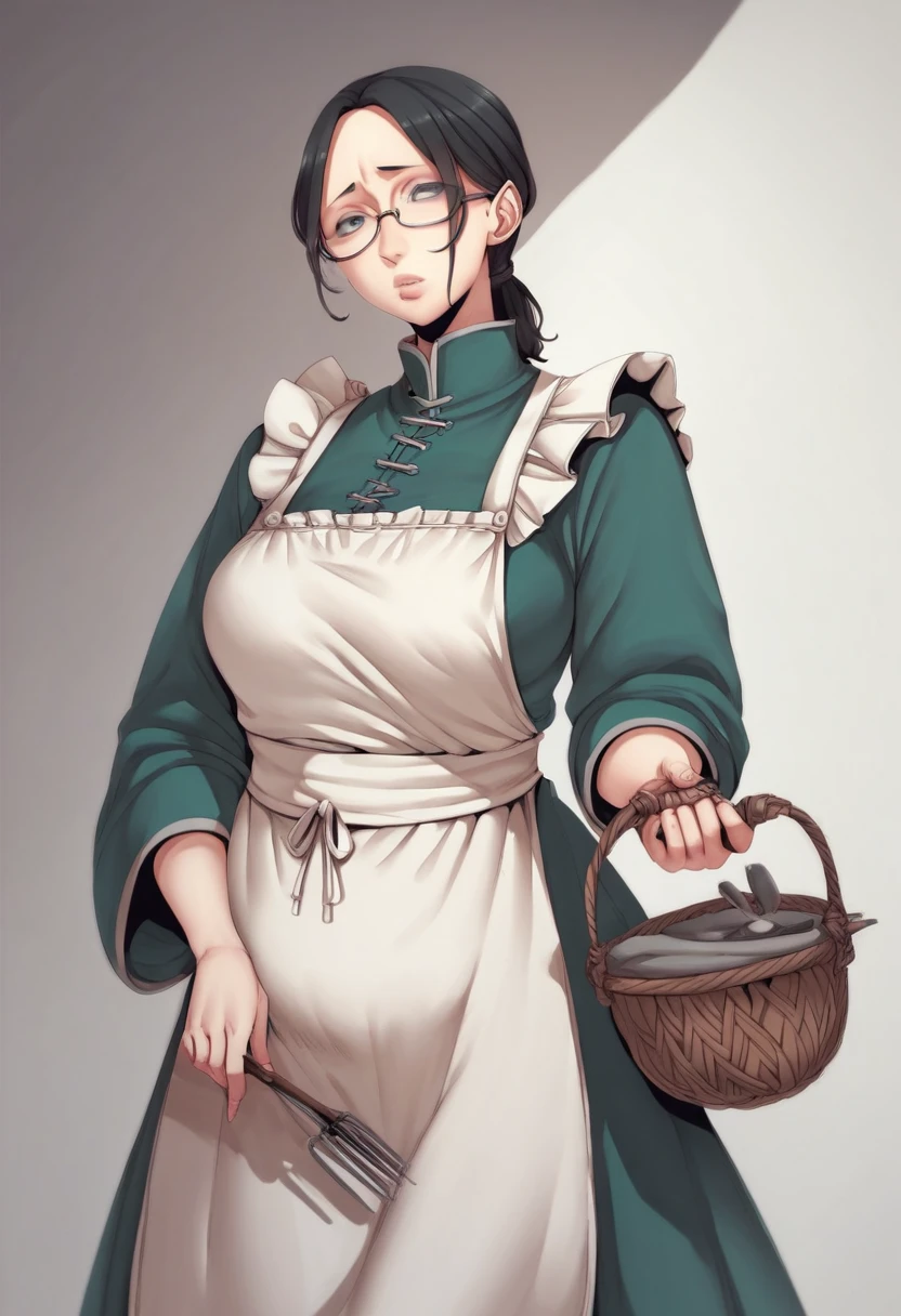 Nakamura regura face Style,Woman, black hair, glasses, hair tied up, Ponytail over the shoulder,White apron,Painting style art, medieval clothing,Big_, chubby figure, Holding a basket with both hands ,Black eyes, Full lips