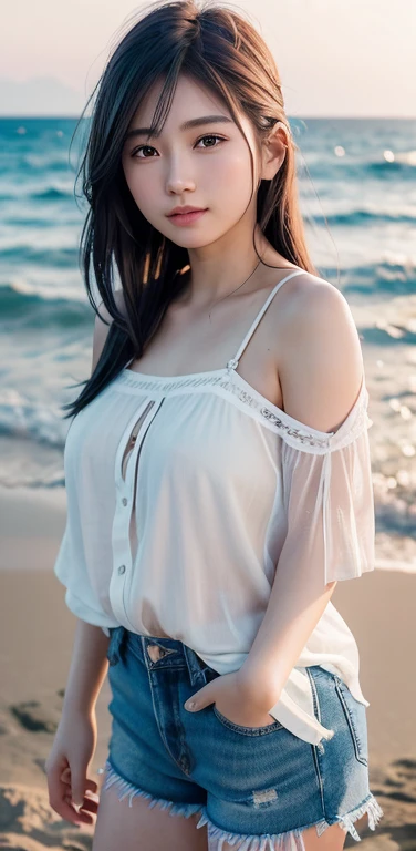 1girl, Extremely cute face, (hyper-realistic, hight resolution), (Best Quality:1.4), Raw photo, (Realistic, Photorealsitic:1.37), Professional Photography, Cinematic Light, (Highly detailed eyes, Highly detailed face), (lace shirt off-shoulder:1.4), (Beautiful breasts), (no panties:1.4), pubic hair, Upper body, smile slightly, sitting, Spread your legs wide open, (no panties:1.3), stare at me, beach, sandy beach, palm tree, (beach scenery with a beautiful sunset:1.35),