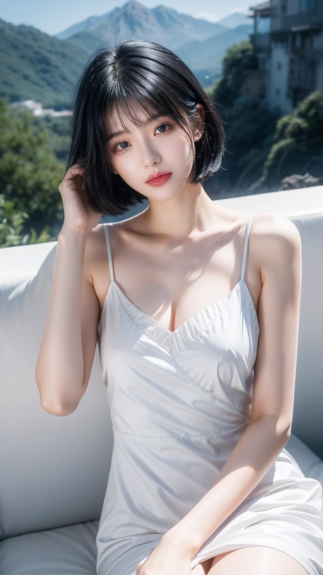 best quality, 1 Girl, dark blue hair, black eyes, Very short hair, Spiky hair, wears sweet white dress luxury,A cropped dress, 171 cm, Messy hair, Hair between the eyes, Tomboy, aldult, 20 years old, A sweet girl by the mountain