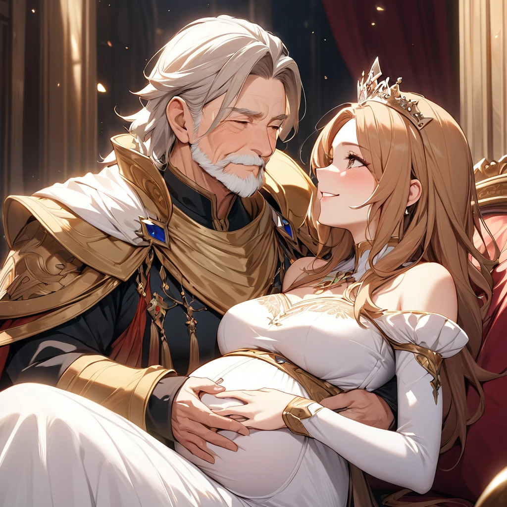 pregnant princess, elderly man, gray-haired king, hug a girl, blush, embarrassed expression, close contact, dandy, girl kissing a man