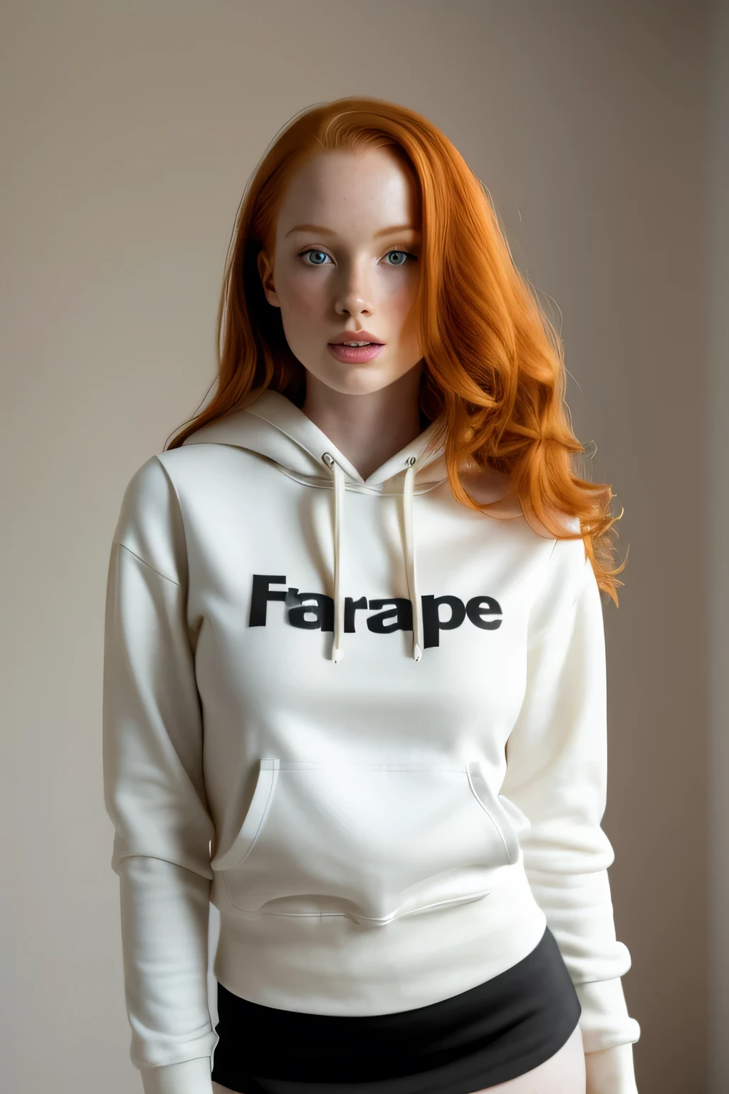 1girl in, 21, Madelaine Petsch, photo of perfect woman, 5'3", Solo, Aesthetic artwork, (irish  redhead, wavy ginger hair, shoulder length ginger hair:1.25), (some small freckles, pale skin, small breasts, B-cup, hard nipples, runners body, very thin waist, skinny, petite, detailed skin texture), (blank background, plain background, blank wall, (wearing an black hoodie, short skirt, stockings, white tshirt), (extremely detailed 8k wallpaper), soft lighting, high quality, film grain, Fujifilm XT3 sharp focus, f 5.6, 50mm, High Detail, Sharp focus,(natural light), crazy details, complex details, hyper detailed