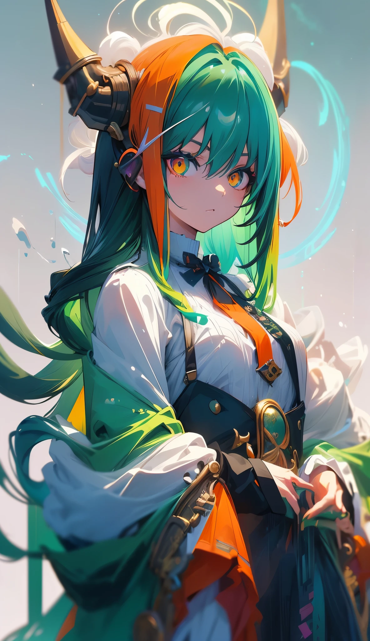 ((live 2D))  masterpiece, 1girl, full body, stands straight, steampunk clothes, military clothing, looking at viewer, detailed face, girl with green wavy hair, bangs, metal sheep horns, gradient hair, multicolored hair, light green hair, turquoise hair tips, wavy hair, gradient eyes, orange eyes, (simple background, white background: 1.3)