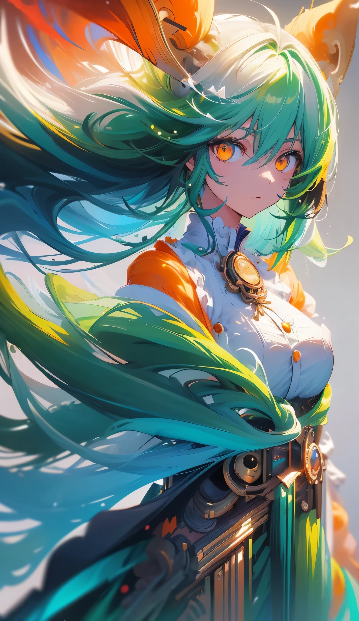 ((live 2D))  masterpiece, 1girl, full body, stands straight, steampunk clothes, military clothing, looking at viewer, detailed face, girl with green wavy hair, bangs, metal sheep horns, gradient hair, multicolored hair, light green hair, turquoise hair tips, wavy hair, gradient eyes, orange eyes, (simple background, white background: 1.3)