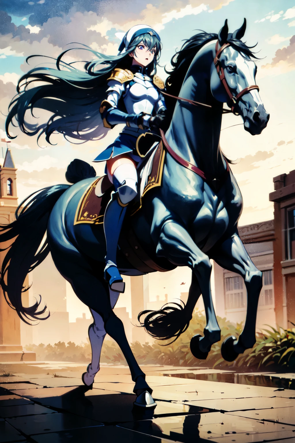 ((best quality)), ((masterpiece)), (high detailed), 8k, cinematic lighting, perfect face, small breast, cleavage, (((female knight riding a HORSE)), (hair between eyes,  long hair, gradient hair, {black hair, dark blue hair}, purple eyes), (white headband, white breastplate, shoulder pads, dark blue miniskirt, bare legs, greaves, white boots)), (silver horse, saddle, reins, bridle, stirrups), solo, on the river, both hand holding rein, from side: 1.2, anatomically correct 