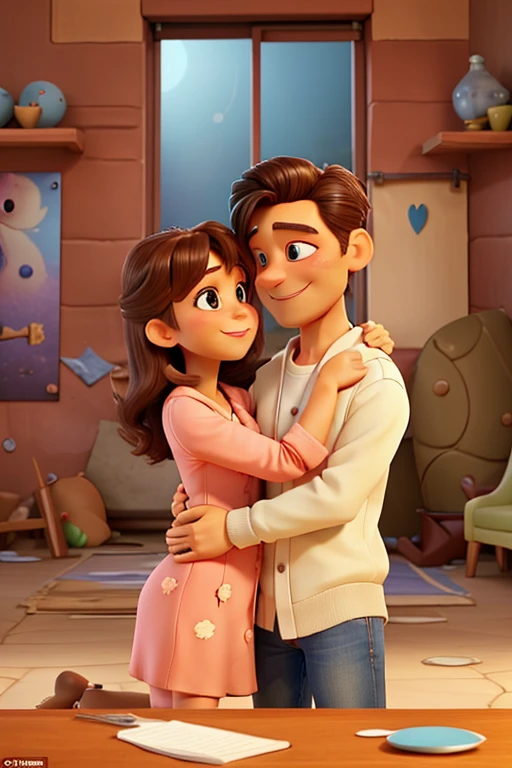  A 3D cover illustration in the Disney-Pixar style For an e-book entitled 'After Abandonment :  Rebuilding Love and Family' .  The cover shows a warm and moving scene with a man and a woman embracing each other lovingly in a soft and hopeful environment. They are close to each other,  looking kindly at each other , symbolizing healing,  resilience and a new beginning .  The background is a soft and warm gradient ,  evoking peace and renewal ,  with soft lighting that gives a comforting feeling .  The title is at the top with elegant and legible text , and the subtitle below .  Rendered in bright and inviting Pixar style ,  with detailed expressions of the characters and vibrant colors , but softer."