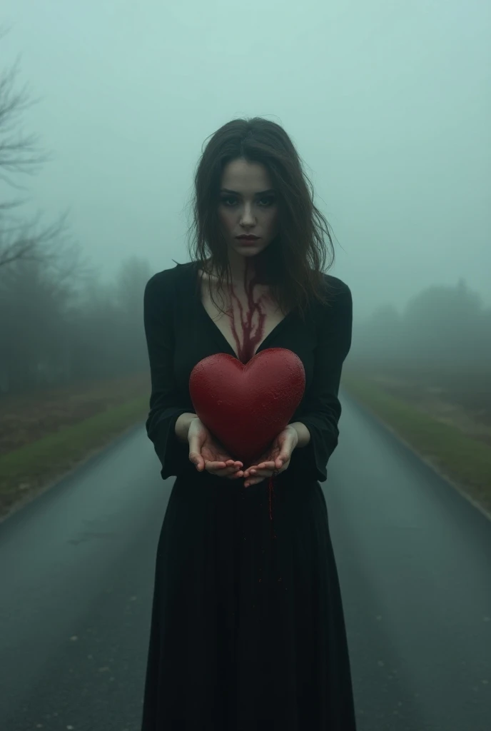 English woman,20 year, very white light skin,sparkling green eyes,long dark purple hair ,ripped black dress,kneeling crying,holding a heart,full focus,cinema image,品質,full body images,detailed,Photography,