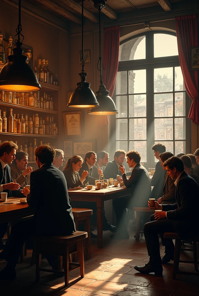 smoky pub, illustration by Jean-Pierre Gibrat, detailed background, indoors