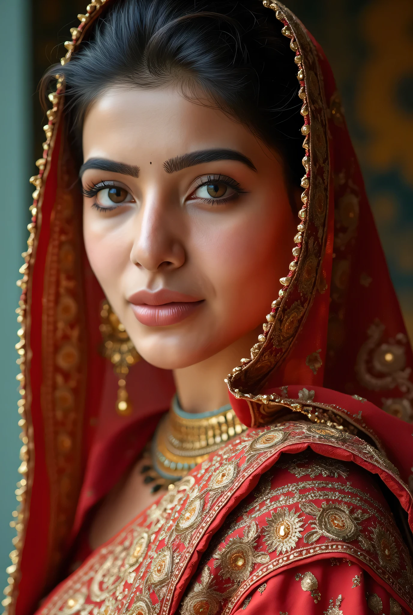 a close up of a woman in a sari posing for a picture.