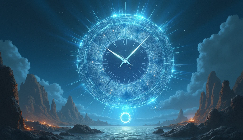 A futuristic, ethereal clock with shimmering, transparent hands moving at an unusual pace, symbolizing the concept of time travel as foreseen by Baba Vanga. Surrounding the clock are faint depictions of ancient and futuristic landscapes, blending together in a surreal manner. The background is a deep blue with glowing particles, giving a sense of mystery and transcendence.