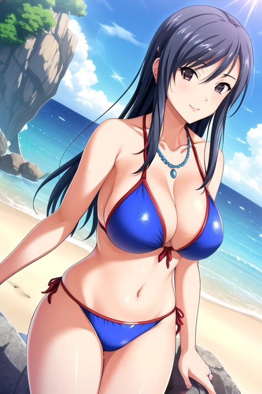 Ayako Hiiragi | Walkure Romanze, masterpiece, best quality, an attractive sexy mature woman in red and blue spangle bikini standing next to a rock on the beach, 1girl, breasts, cleavage, navel piercing, sexy swimsuit, solo, micro bikini, sunglasses, jewelry, under , piercing, necklace, ring, multiple tied, wet hair, sweat, beach, smile, ,mature woman, 