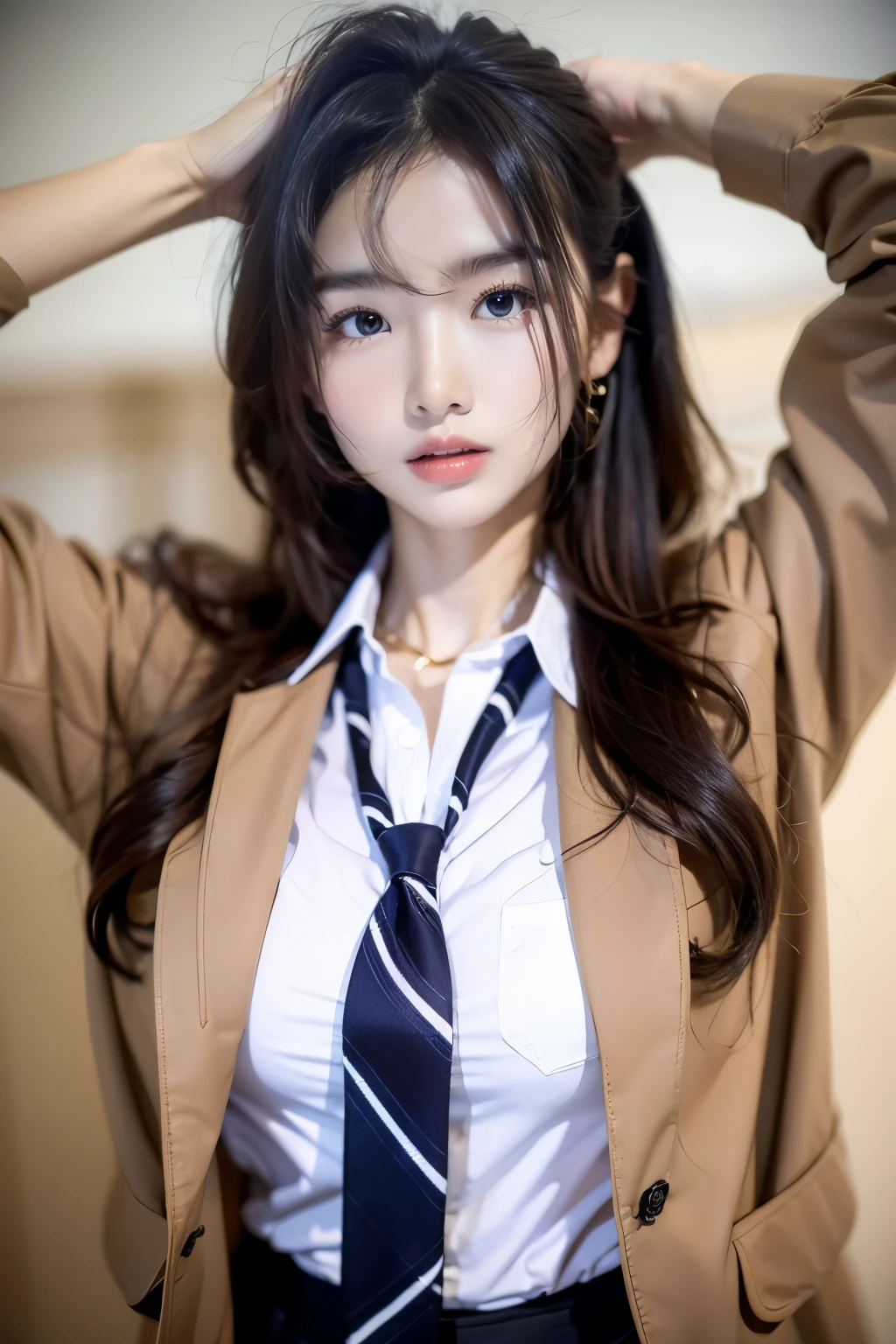 1 girl, long hair, wearing brown jacket, looking in the front, white shirt with tie