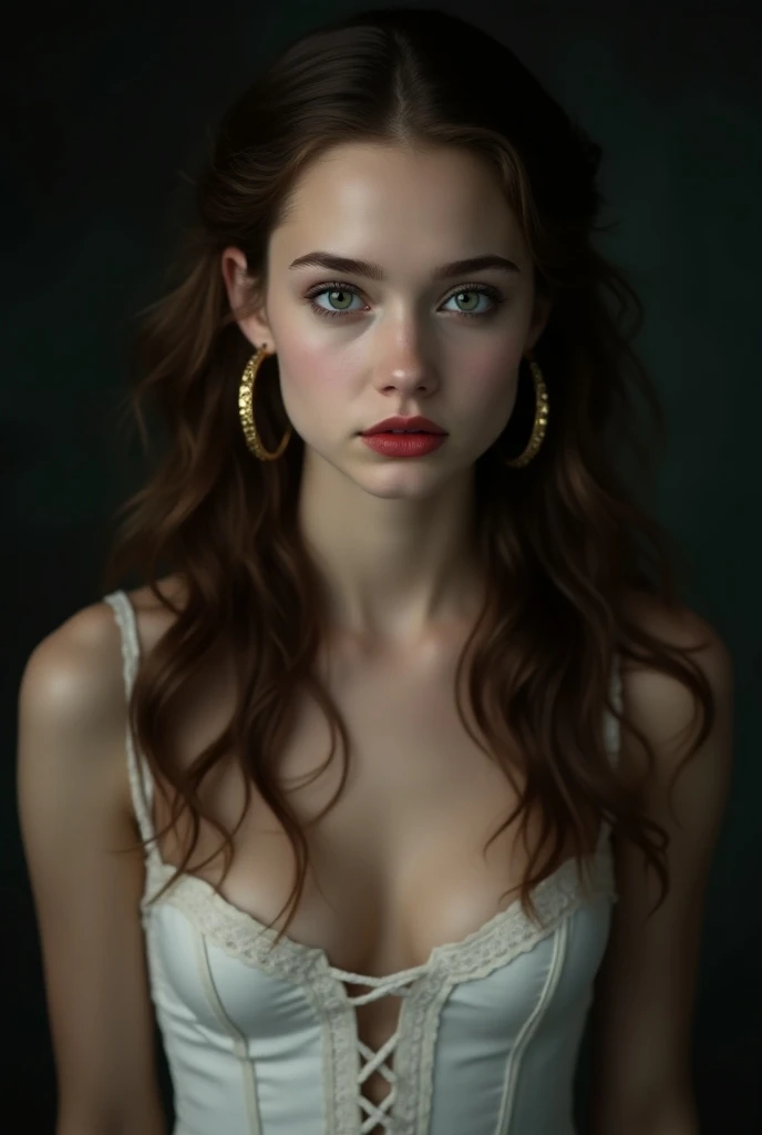Beautiful western woman with pale skin, 24 year old female model, 17 - year - old girl, attractive girl, very pale skin, pale beauty, sexy gaze, instagram model, photo, rule of thirds, dramatic lighting, medium hair, detailed face, green eyes, black hair, detailed nose, woman wearing tank top, collar or choker, smirk, realism,realistic,raw,analog,woman,portrait,photorealistic,analog,realism perfect breast full nude