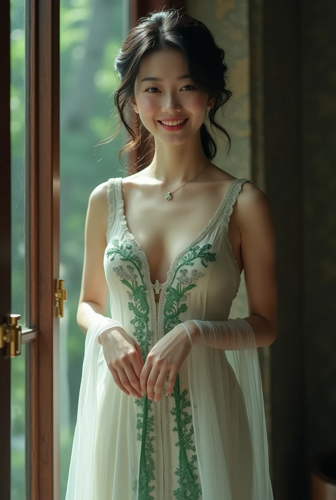 one-girl，a fashion model，18yr old，[[[[Close-up cleavage]]]], [[[[climaxing]]]], [[[[Cole]]]], [[[[bshoulder]]]], perfect  eyes, Perfect iris，perfect lips，perfect teeth，Perfect Skin，with fair skin，HighDynamicRange，Movie Girl，(delicated face)，(Highly defined faces)，（White under underwear），(Raised sexy)，(Long hair with a shawl)，Bedrooms，（kneeling on a bed），（Beautiful curves,Slim,Attractions），green trees outside the window，fresh flowers，4K Ultra HD, 超高分辨率, (realistically: 1.4), Best quality，tmasterpiece，（pastel colour：1.2）