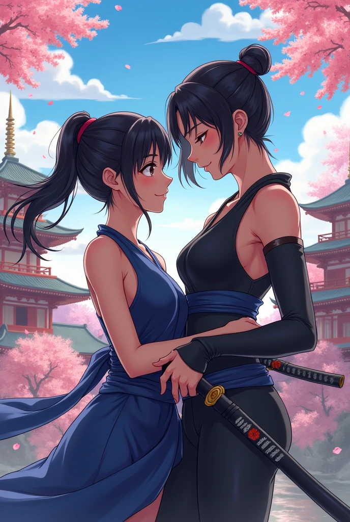 two beautiful Japanese woman with big breasts in a revealing short kimono, in a fighting pose, preparing to strike, night, big moon, moonlight, strong wind, raindrops, kimono of different colors