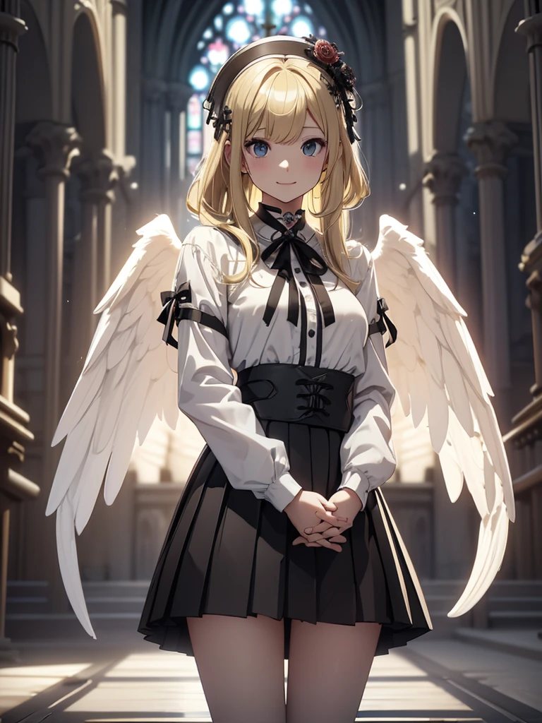 8k, Best Quality, The real picture,  complicated details, Very detailed,  super high definition,  depth field , ( realistic, realistic),  table top, (( full body shot)), ((( 1 girl))), ( Standing Pose ), ((( standing inside the cathedral praying with their hands together))), eye_Chan,  so beautiful, innocent big eyes,  Beautiful Breasts , 非常に詳細なeye, ( Beautiful Breasts ), ((Blonde)), ( semi-long hair), ( asymmetrical bangs), Perfect Skin, Fair skin, (( small breasts)), Tight waist, Alone,  per flower position, ((smile)), (( off-white gothic punk fashion holding a lightsaber)), ((( micro mini pleated skirt))), ((( I have pure white angel wings growing on my back))), (((Stand inside the cathedral)))