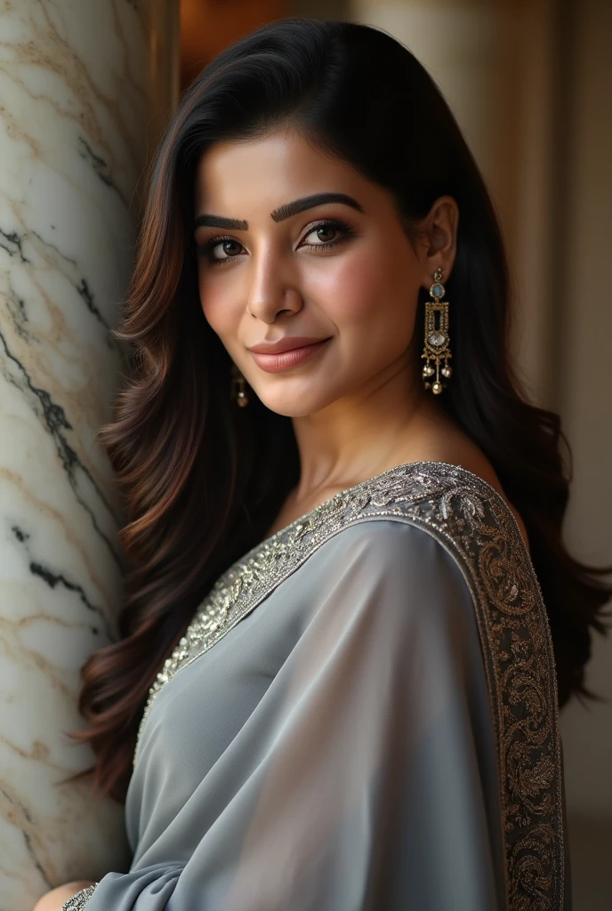 a close up of a woman Create a high-resolution, (((full-body))) portrait of a 25-year-old woman with an oblong face shape, warm medium-toned skin, and long wavy dark hair. She has expressive brown eyes, full lips, and a bright smile. Her body is slim and toned. She is wearing a stylish gray saree with intricate embroidery, draped elegantly to highlight her figure. Her hair is styled in soft waves with a side part. She is posing confidently against a luxurious marble interior backdrop. Looking straight at the camera, centered, in frame, photograph, highly detailed face, moody light, soft and flattering lighting, style by Dan Winters, Russell James, Steve McCurry, high-end fashion photography, Nikon D850, award-winning photography. Draw inspiration from the covers of Vogue, Harper's Bazaar, or Elle.
in a sari posing for a picture.