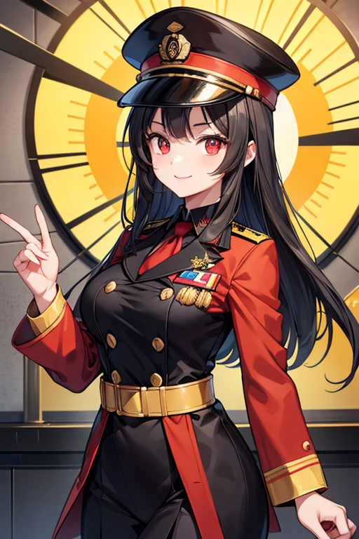  1 beautiful girl with pieces 　Shows up to the waist　 Black Long Hair 　Red eyes　 bewitching smile　Yellow clothing that looks like a conductor's military uniform 　 A yellow hat that looks like a conductor's military hat　Conductor　Inside the station