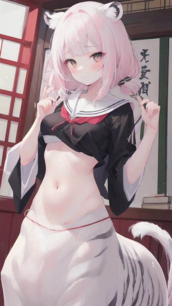 (best quality, masterpiece), 1 girl, centaur, I beg, White skin, Japanese schoolgirl, daughter, black pink, exposing the abdomen, belly button t-shirt , beautiful girl perfect, White tiger photo, 완벽한 White tiger photo