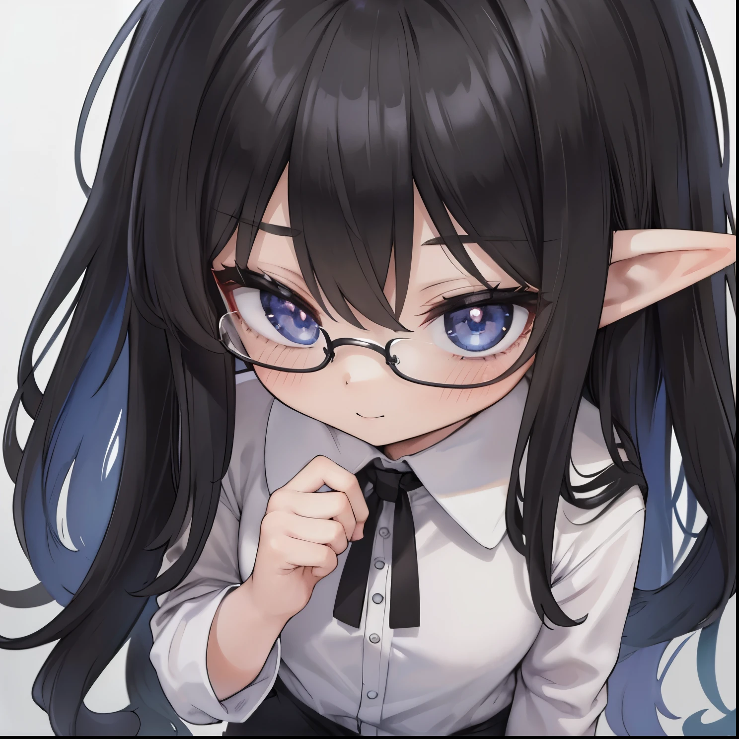 8K,(masterpiece),high resolution,best quality,(ultra-detailed),ultra detailed eyes,girl is elf,(black color hair:1.1),(inner hair color is white:1.5),BREAK,(light smile,earth eyes,long hair,elf ear,fair skin),(wear black office suit and pants:1.2),silver glasses,focus upper body,(white background),standing,Put your hand around your eyes
