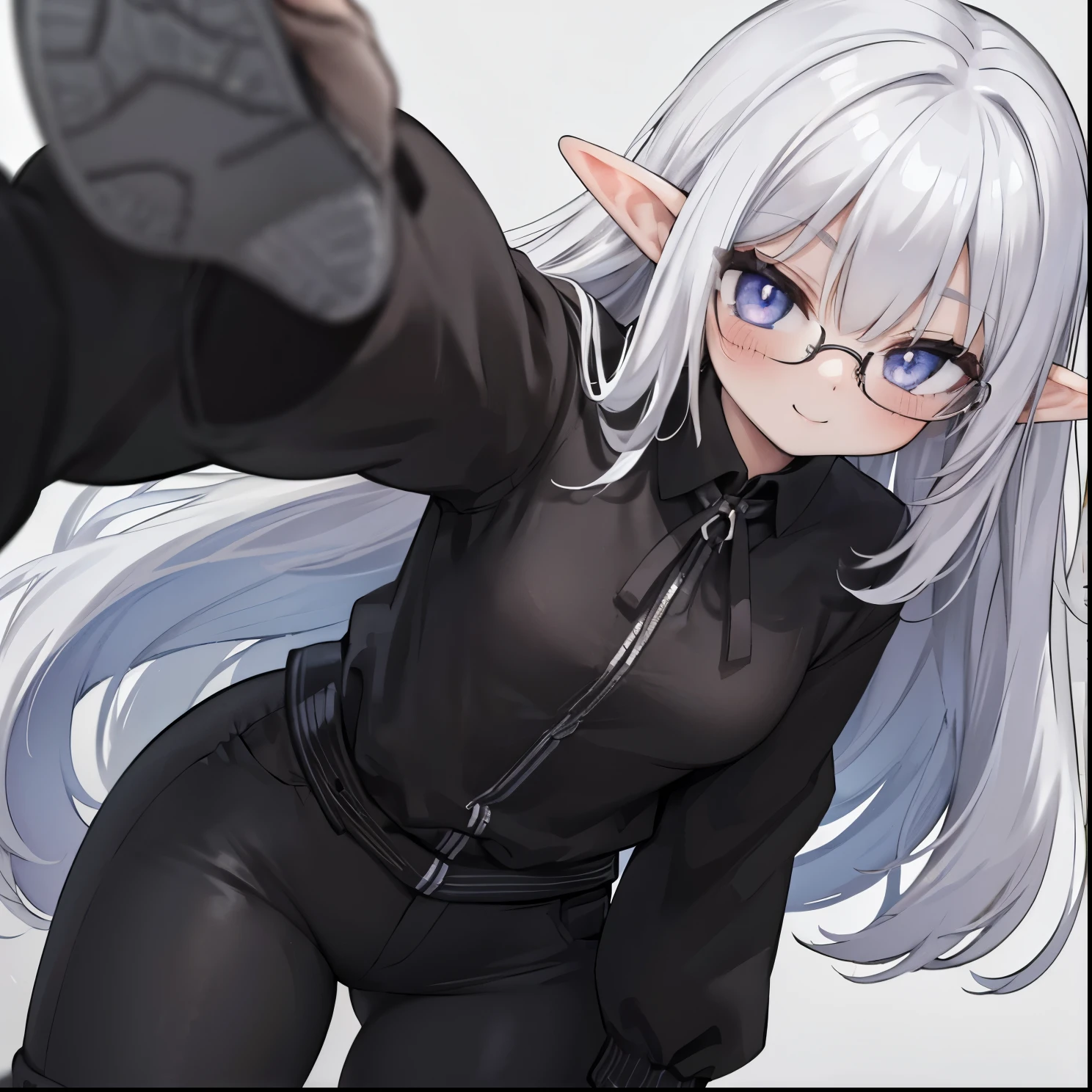 8K,(masterpiece),high resolution,best quality,(ultra-detailed),ultra detailed eyes,girl is elf,(black color hair:1.1),(inner hair color is white:1.5),BREAK,(light smile,earth eyes,long hair,elf ear,fair skin),(wear black office suit and pants:1.2),silver glasses,focus upper body,(white background),standing,Put your hand around your eyes
