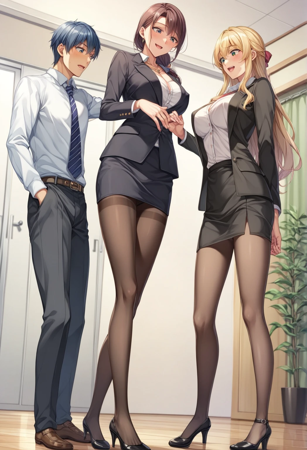 ((Best Quality))、((masterpiece))、( Details)、 anime-style illustration、Office Style、 business suit、Black jacket、 white open shirt 、 black knee-length pencil skirt 、 Black Pantyhose 、black high heel pumps、 looking down 二人の女性が同時に床に仰向けになっている男性の真上に並んで立っている、 being stomped on by two women 、 her feet are broken 、 mature beautiful woman with 、Looking at the man at his feet 、 looking down 、 the first woman is standing on her chest 。、 The second woman is standing on her hips 。 the man looks distressed 