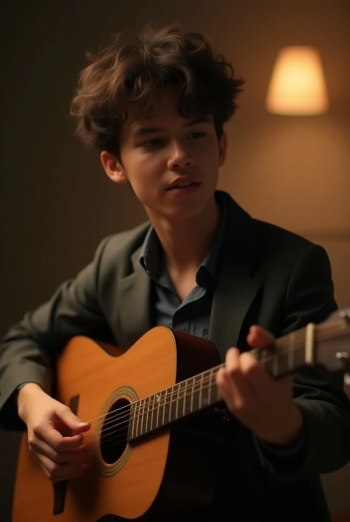 Create a image for YouTube thumbnail with boy singing, holding a guitar and written "Drag Me Down" 