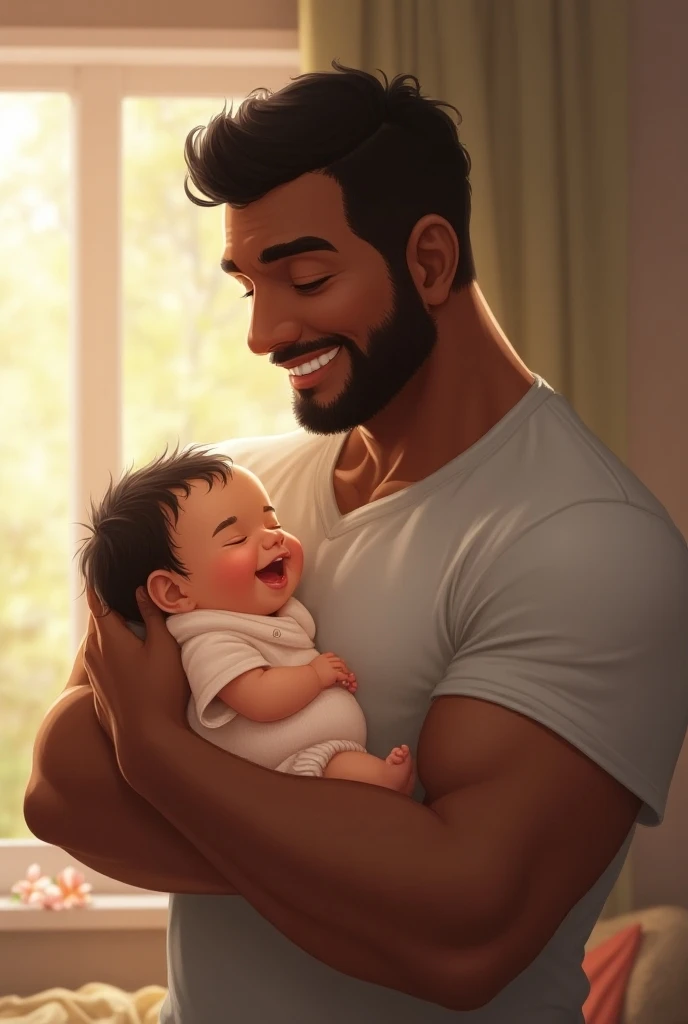 A tall and strong black American football player with a tattoo on his chest standing in a baby's room holding a baby bottle filled with milk. On the wall a picture of an American football ball