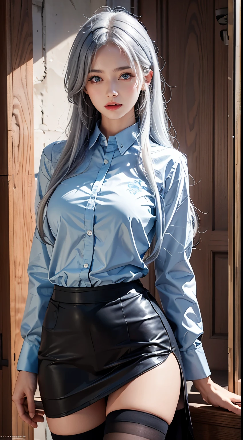 (Best Quality, 8k, 32k, Masterpiece, UHD: 1.3), Attractive Chinese Female Photo, A Girl, (Big: 1.0), Abs, Perfect Figure, (White Shirt: 1.1), Super Detailed Face, Detailed Lips, Fine Eyes, Double Eyelids, Wearing Yellow Miniskirt, Blue Hair