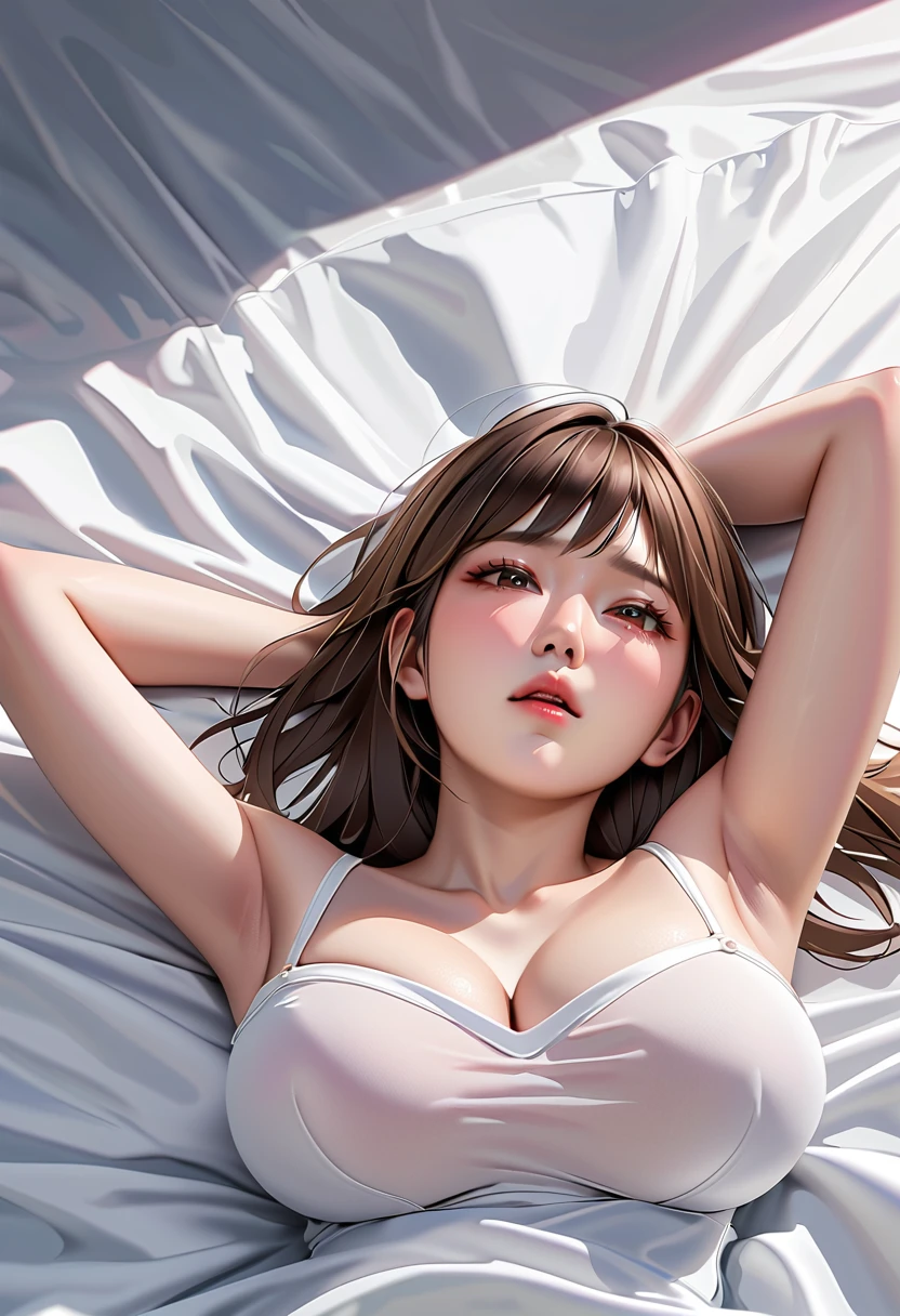 Lying on the bed、With a slightly distressed expression、Beautiful woman without clothes。